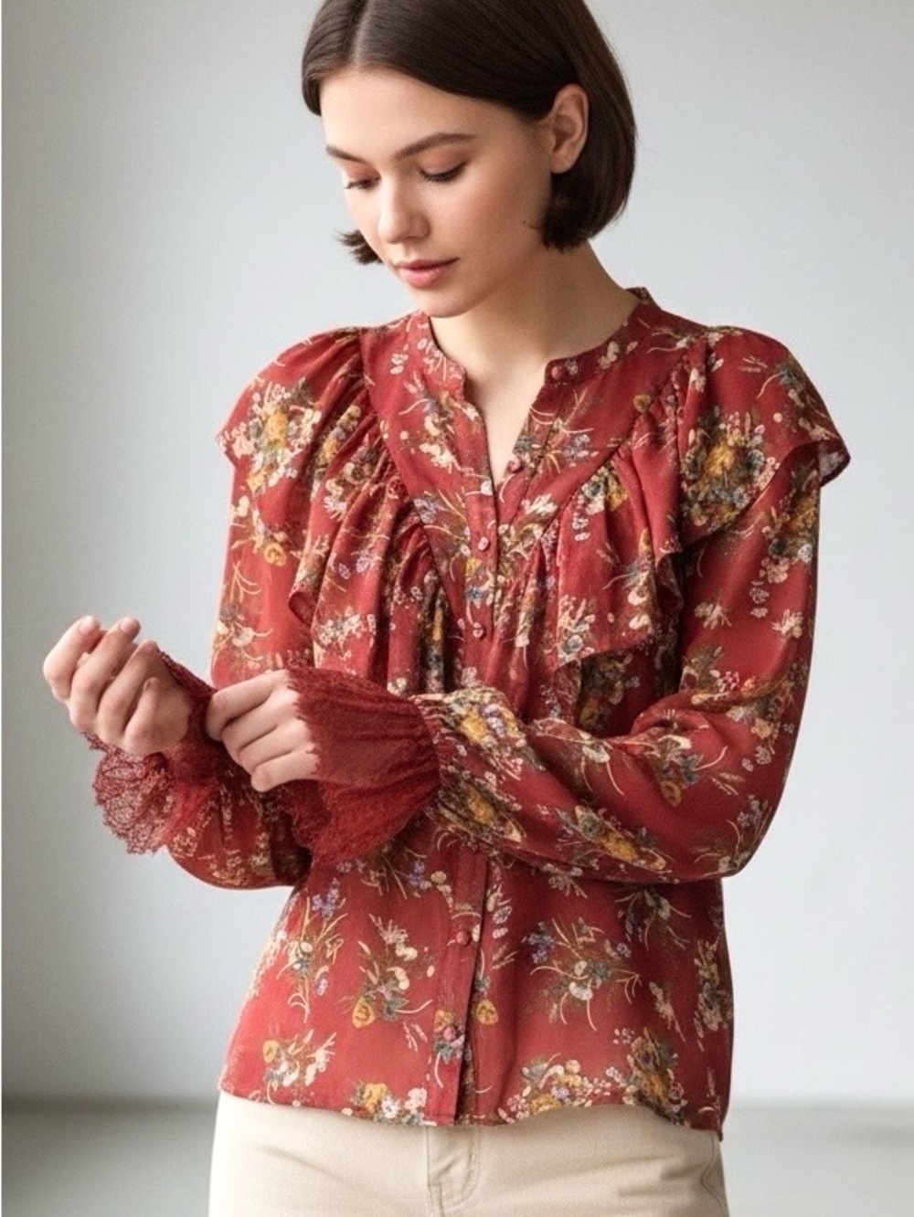ALLISON New York Ruffle Chiffon Blouse Long Sleeve with Lace Cuff Floral Print